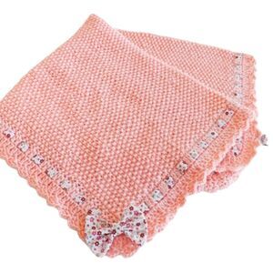Baby Receiving Blanket 24x28 Pink Hand Knit Floral Bow Ribbon Scalloped Soft